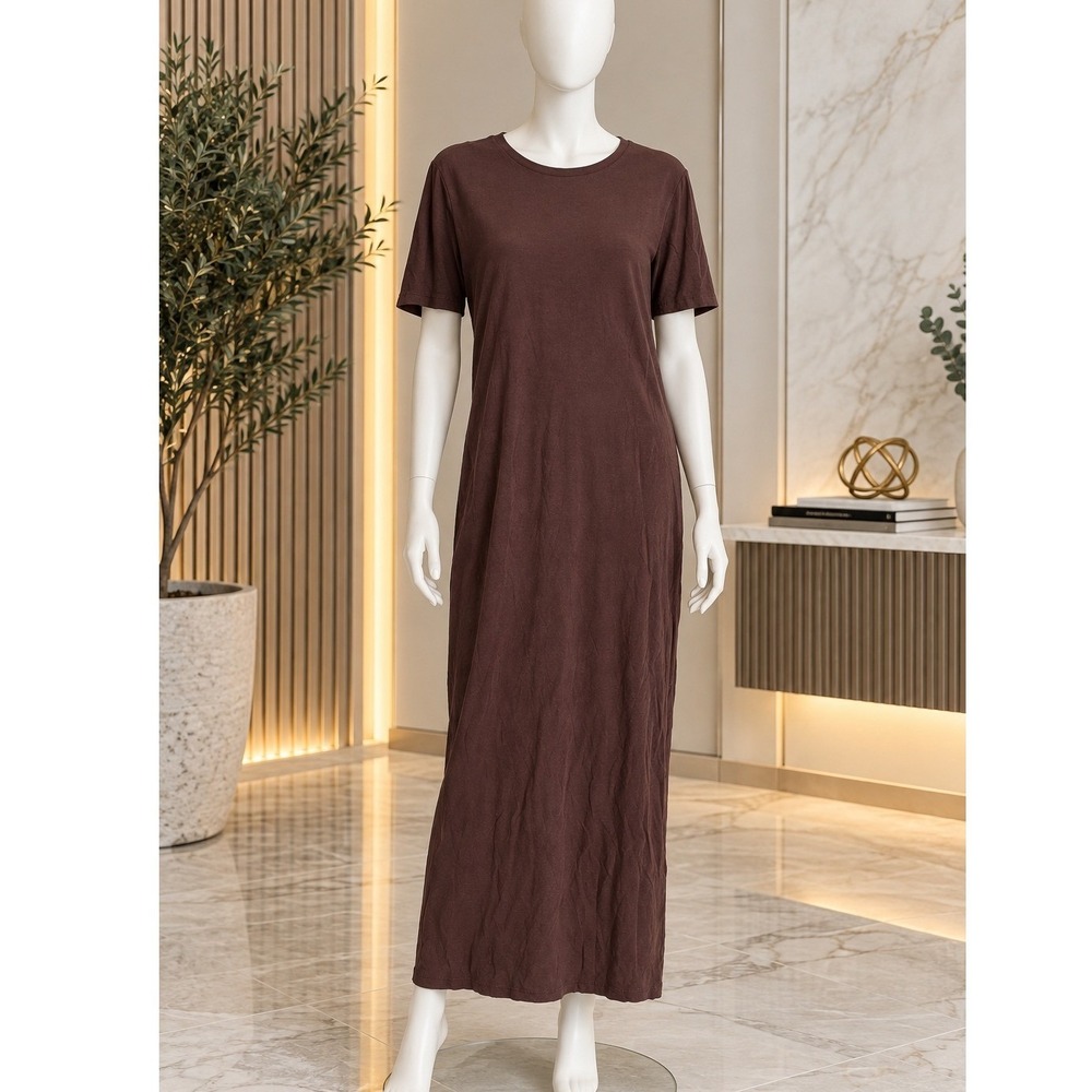 H&M Women T-Shirt Dress Brown Solid Short Sleeve Side Slit Size Medium